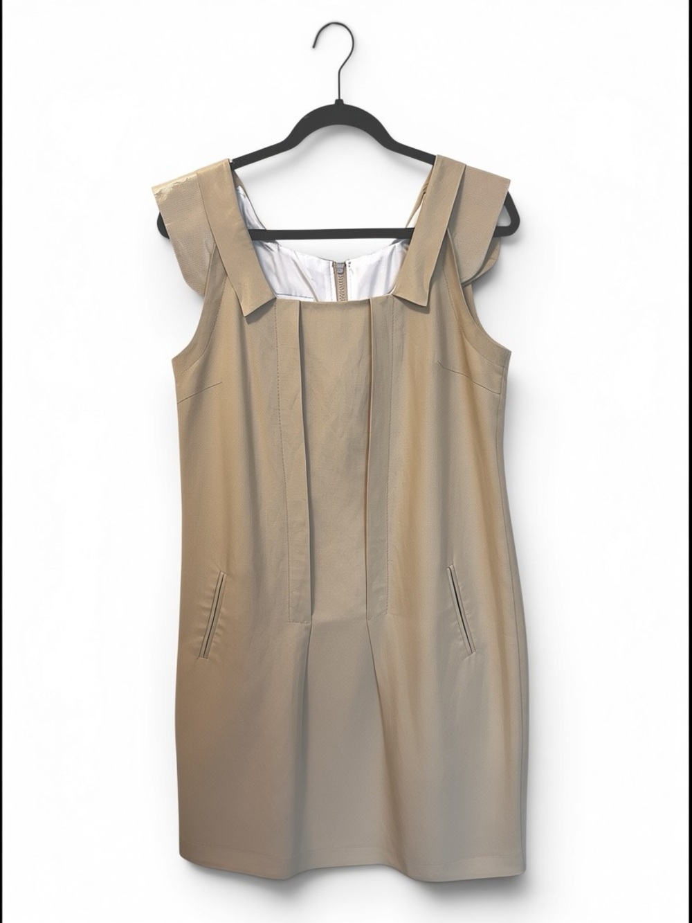 Ana Sousa Square Collared Lined Vertical Pleat Gold Sheen Dress Beige SZ 10